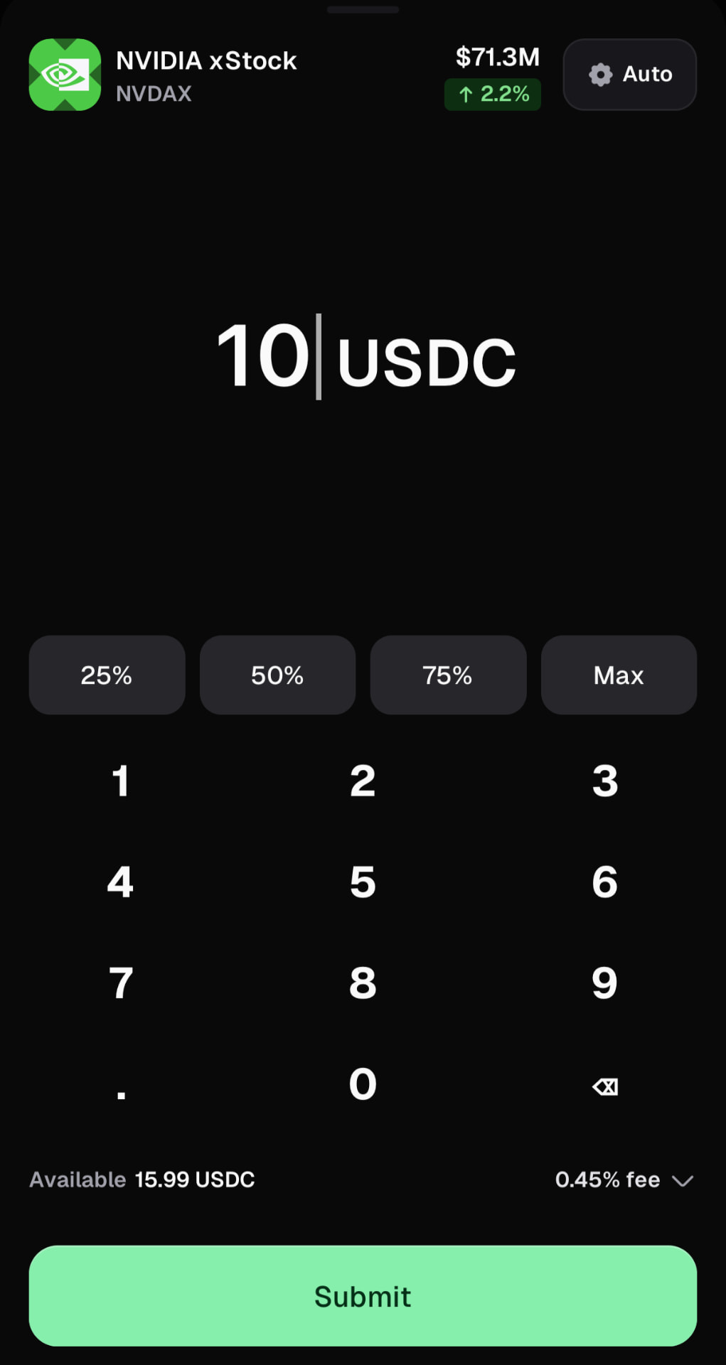 pump.fun buy screen with 10 USDC entered for NVIDIA xStock and a 0.45% fee
