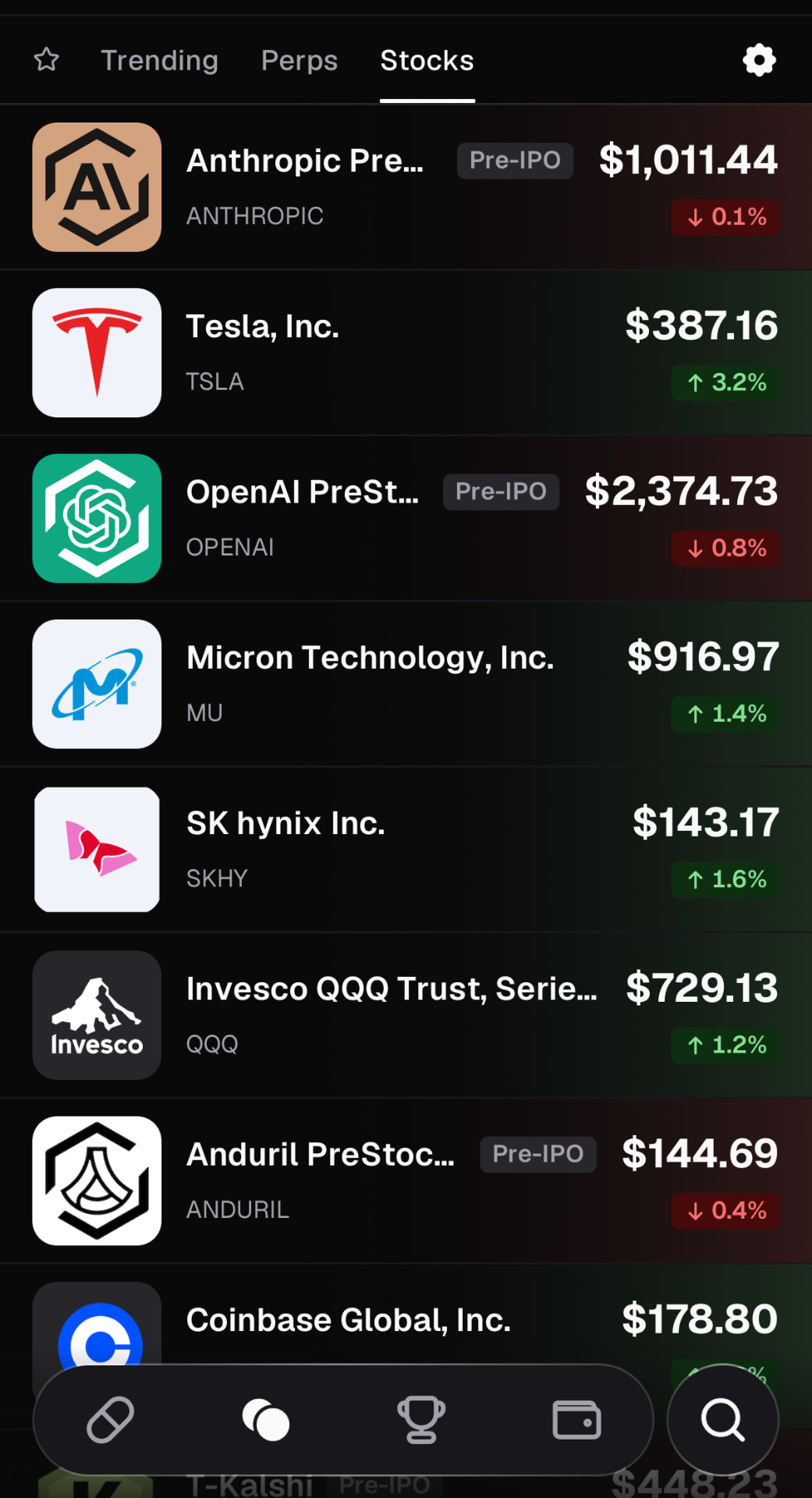 Stocks tab in the pump.fun app