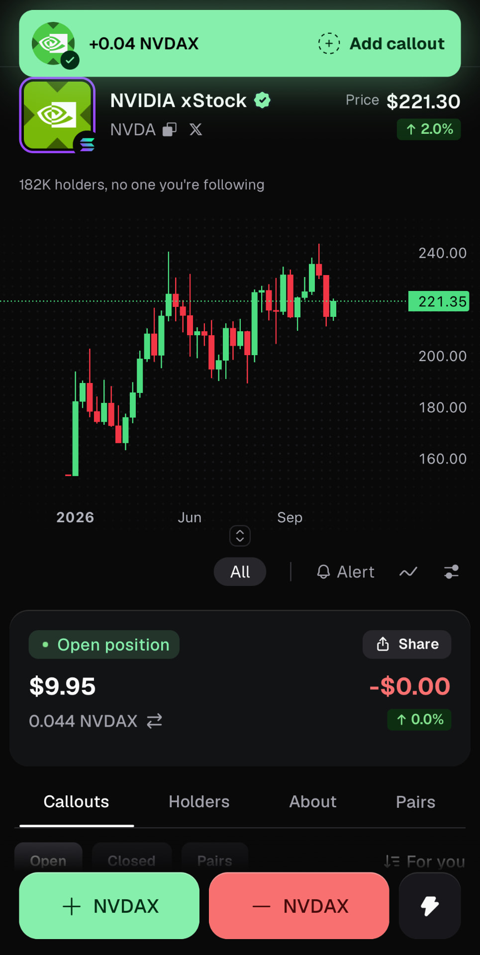 pump.fun NVIDIA xStock page showing an open position worth $9.95 after buying